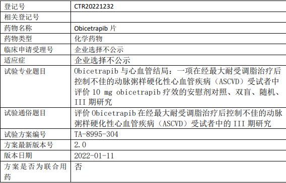 希麦迪Obicetrapib临床试验