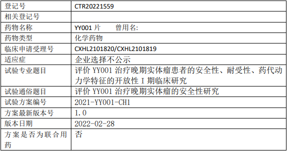 宇耀生物YY001临床试验