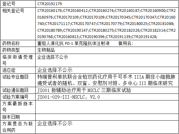 君实/君盟生物JS001(特瑞普利单抗)临床试验(可手术的IIIA期非小细胞肺癌)