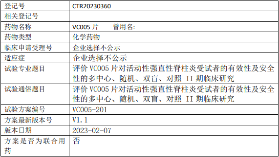 威凯尔医药VC005临床试验(强直性脊柱炎)