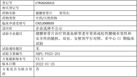 和黄药业健腰密骨片临床试验