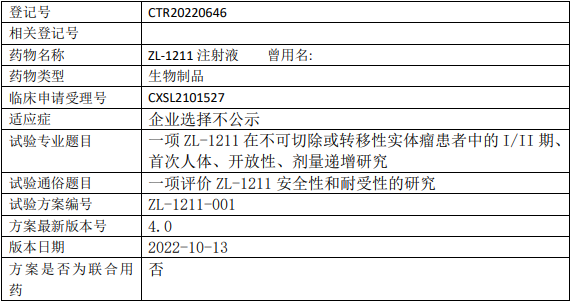 再创生物ZL-1211临床试验