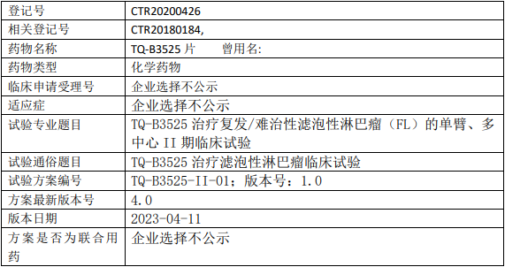 TQB3525临床试验(复发/难治性滤泡性淋巴瘤)